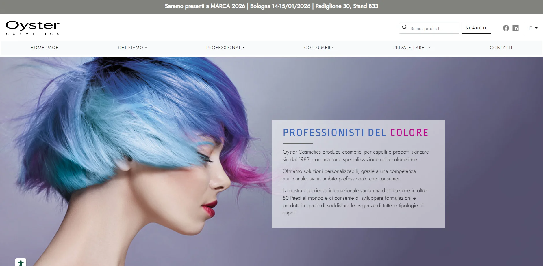 Profile view of a person with vibrant blue and purple hair next to text about Oyster Cosmetics, highlighting their expertise in hair coloring solutions.